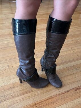 Nine West Brown Leather Knee-High Boots with Black Patent Cuffs
